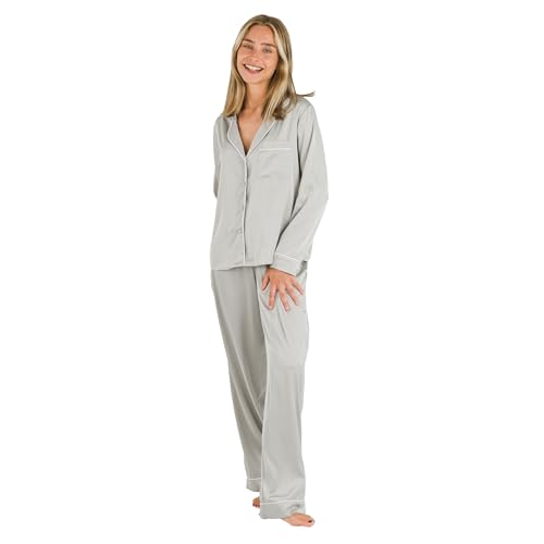 TRAMAS+ Pijama Mujer Satén, Pijama Mujer Largo, Conjunto de Manga Larga con Botones y pantalón con Cintura Elastica, Ropa de Dormir Cómoda - L, Gris