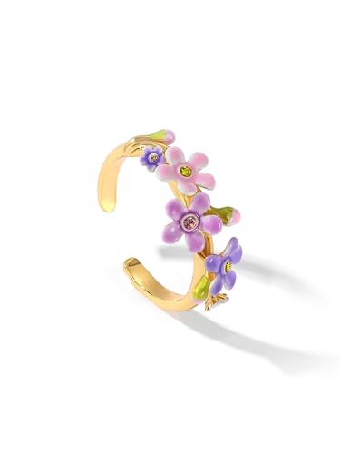 Lavender Purple Pink Flower And Crystal Enamel Adjustable Ring Jewelry Gift Juicy Grape3