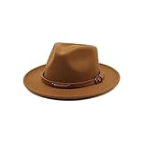 QUUPY Sombrero Fedora clásico de fieltro caqui de ala ancha, sombrero de Panamá para otoño e invierno, sombrero de jazz con remache cinturón hebilla banda y cordón ajustable
