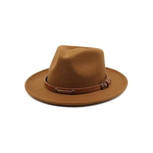 Khaki Klassischer Filz Fedora Hut Breite Krempe Floppy Panama Hut Herbst Winter Jazz Hut mit Nieten Gürtel Schnalle Band und Verstellbarer Kordelzug