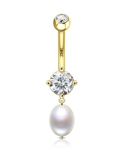 COCHARM 14K Yellow Gold Belly Button Rings Dangling Freshwater Pearl Real Gold Belly Navel Rings 14K Gold Belly Navel Piercing Jewelry Dangly
