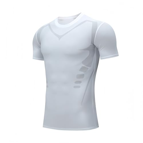 Smatstyle Kompressionsshirt Kurzarm Herren kurzärmliges Funktionsshirt Trainingsshirt Fitness Compression T-Shirt Atmungsaktives Laufshirt (DE/NL/SE/PL, Alphanumerisch, L, Regular, Regular, Weiß)