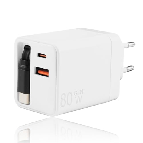 Chargeur USB-C 80 W avec câble de Charge Rapide rétractable, Adaptateur Secteur USB-C GaN 3 Ports, Chargeur Compact rétractable pour iPhone 16 15 14 13 12 11 MacBook Pro iPad Tablette Galaxy Samsung