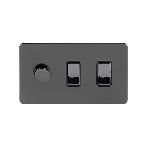 Soho Lighting Black Nickel Flat Plate 3 Gang Light Switch with 1 Dimmer (2 x 2 Way Rocker Light Switch with 1 x Trailing Edge Dimmer) Screwless