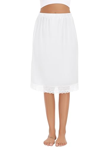 Lovasy Womens Half Slips Satin Long Underskirt with Lace Hem Anti-Static Slip Soft Half Slips for Under Dresses UK A-line Anti Static Petticoat Under Skirt White M