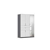 Rauch Möbel Norwich Drehtürenschrank, Kleiderschrank, Schrank, Garderobe 5-türig, 1 Spiegeltüre, 2 Schubladen, Farbe Weiß/Grau metallic, Griffprofil Grau metallic, 136x197x54cm