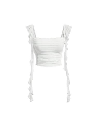 Floerns Women's Y2k Sleeveless Tank Tops Ruffle Trim Square Neck Ruched Crop Top