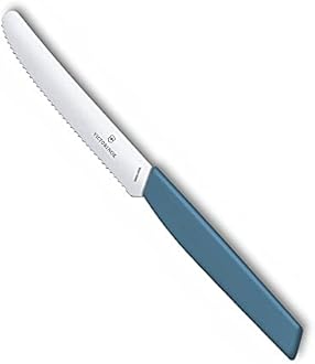Victorinox Stainless Steel Kitchen Knife, Swiss Modern 11 cm Multipurpose, Round Tip Wavy Edge Knife for Professional and Household Kitchen, Cornflower Blue, Swiss Made, Standard