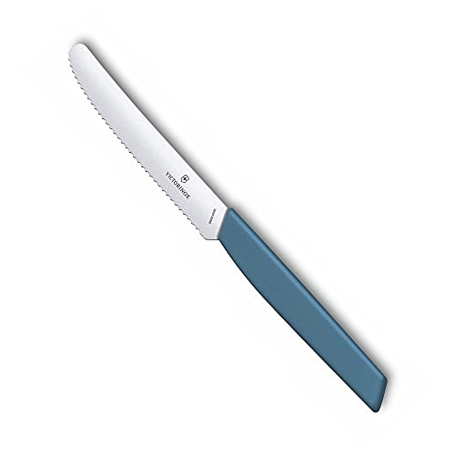 Victorinox Stainless Steel Kitchen Knife, Swiss Modern 11 cm Multipurpose, Round Tip Wavy Edge Knife for Professional and Household Kitchen, Cornflower Blue, Swiss Made, Standard