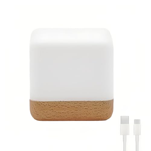 Lancoon Kid Lamp Beech Wood Color Bedroom Bedside Companion Flip Timer Night Light Simple Modern USB Rechargeable Sleep Light Nursery Lamp for Children Kids and Baby LED Cube Small Table Lamp