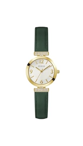 Guess Womens 28mm Watch - Green Leather Strap White Dial Gold Tone Case