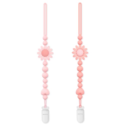 Image of Pacifier Clip, 2 Pack Silicone Pacifier Clip with One Piece Design for Newborn Boys and Girls, Floral Patterns Pacifier Holder Clip Fits for Most Pacifier, Baby Shower and Baby Gift