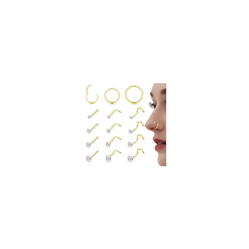 LOYALLOOK 15Pcs Nose Rings Studs-316L Surgical Steel Gold Nose Rings for Women Men Hypoallergenic L Shape/Corkscrew/Straight Nose Studs Hinged Clicker Segment Nose Hoops 20G Nose Piercing Jewelry