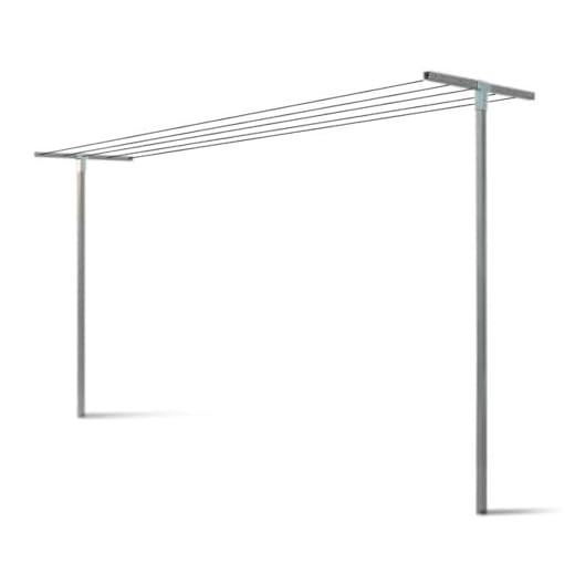 Abnehmbare Wäscheleinen aus kaltverzinktem Stahl mit Schrauben und schwarzen PVC-Kappen. Es kann zementiert werden, Draht ist nicht enthalten.