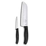 Victorinox Swiss Classic Set profesional de cuchillos, 2 piezas: cuchillo para verdura y Santoku, cuchillo universal, hoja recta, 8+17 cm, afilado, negro
