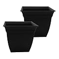 The HC Companies Eclipse Square Plastic Planter w/Attached Saucer - Outdoor & Indoor Plant Pot with Drainage Holes - Lightweight, UV-Resistant Plastic Pots for Plants (12" Black, Pack of 2)