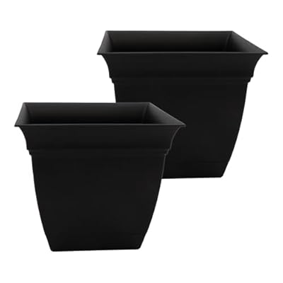 The HC Companies Eclipse Square Plastic Planter w/Attached Saucer - Outdoor & Indoor Plant Pot with Drainage Holes - Lightweight, UV-Resistant Plastic Pots for Plants (12" Black, Pack of 2)