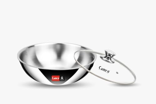 Image of Camro Triply Artisian Tasla 18 no, 8 Liters with Glass Lid | Serve, for Deep-Fry | Saute | Stir-Fry | Mixing Desserts Gravy, Induction Friendly & Gas Ready, 6-Year Warranty