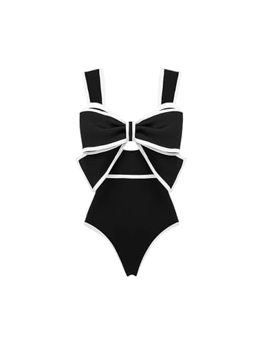 FLAXMAKER Black and White Swimsuit Bow-tie Decor One Piece Bathing Suit2