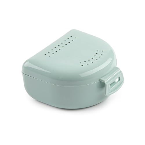 Box für Zahnspange, Bite und Zahnersatz - Atmungsaktives Gehäuse mit Entlüftungslöchern - tragbar, langlebig und leicht zu reinigen - 75 x 60 x 25 mm - Zahnbithalter aus Kunststoff - Salbeigrün.