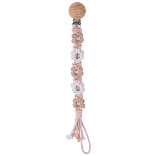 Image of Pacifier Clip for Boys Girls Floral Daisy Macrame Baby Paci Clip Pacifier Holder Leash Boho Wooden Clips Handmade Braided Cotton Binky Clips (1pack:Khaki Style B)