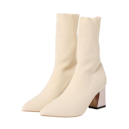 ソックスブーツ 太ヒール ショートブーツ ヒール レディース ブーツ ヒール11cm ピンピール ポインテッド セクシー 大人 エレガント 綺麗め ストレッチ ニットブーツ 綺麗なラインのストレッチソックスブーツ(ベージュ、24.0cm)