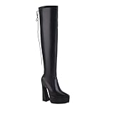 AORUIDAX Sobre La Rodilla Botas para Mujer PU Cuero Cordón Trasero de Plataforma Puntiaguada Botas elásticas Largo Botas,Negro,34 EU