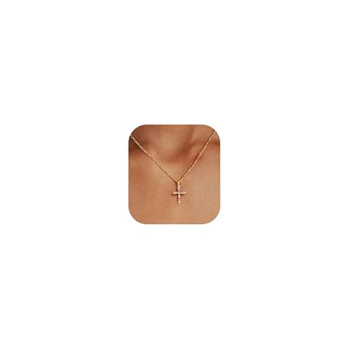 WATEFOER Collier Croix pour Femme, Collier Pendentif Croix Plaqué Or 18K Élégant Chaîne Ras du Cou avec Zircone Chretienne Cadeau Bijoux pour la...