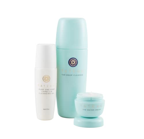 Tatcha Pore-Perfecting Double Cleanser + Hydrate Trio Set: The Deep Cleanse 5 Oz, Pure One Step Camellia Cleansing Oil 1.7 Oz & The Water Cream 0.33 Oz #TOP4