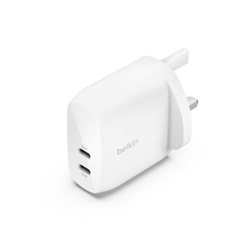 Belkin BoostCharge dual USB-C plug with PPS, 60W phone charger for iPhone 16 and other, iPad, Samsung Galaxy, Google Pixel, MacBook - compatible w/ USB-C to lightning cable & USB-C to USB-C - white