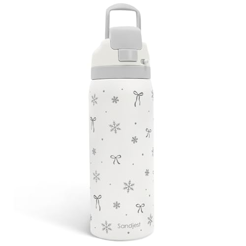SANDJEST Snowy Stainless Steel Push-button Lid Water Bottle 32oz for Girl