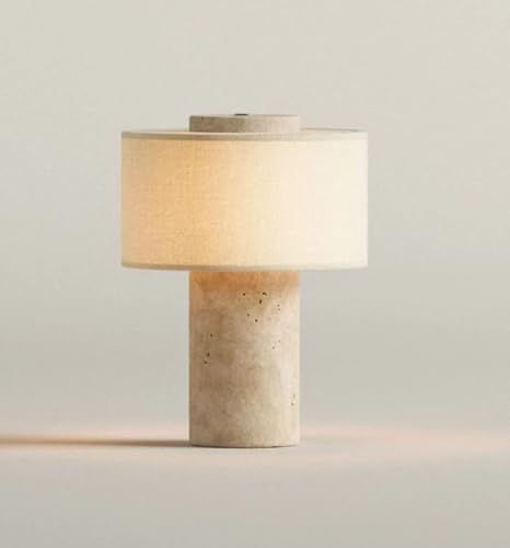 QNHGFDSAP Marble Luxury Stone Rechargeable Touch Table Lamp, Travertine Marble Base, Linen Cloth Fiber Lampshade, High-End Cylinder Lamp for Bedroom (Black-White)