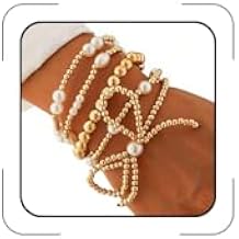 Gold Bow Bracelets for Women Bow Pearl Beaded Bracelets Gold Beaded Bracelet Stackable Stretch Adjustable Bracelets Bow Prom Jewelry Christmas Bracelet