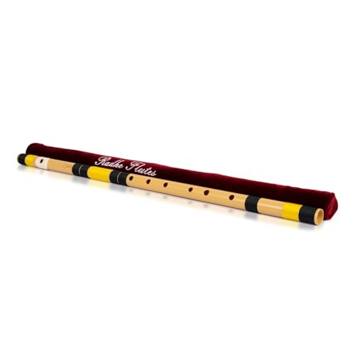 Image of Radhe Flutes | E Natural Right Handed Base Bansuri | Tuned With Tanpura A=440Hz | PVC Flute + Velvet Cover + Hindi & English Flute Lessons | PERENT (Beige Flute With Black & Yellow Threads)
