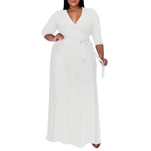 Image of Plus Size Dresses for Women Floral Maxi Dress Flowy 3 /4 Sleeve Oversize Long Dresses with Belt White 2XL