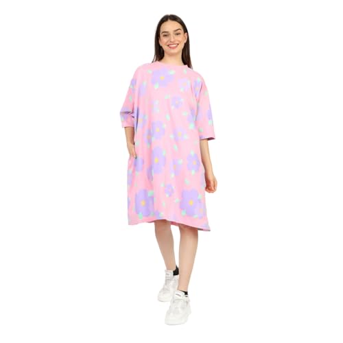 Image of LAMA STORE Women's Printed Oversized T-Shirt Dress, Cotton, 3 /4 Sleeve Length, Casual Loose Fit, Comfort Wear Extra Comfy Oversized Printed Pocket T-Shirt Dress