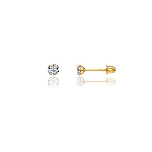 14kt Solid Yellow Gold Superbright Clear Cz Basket Setting Round Screwback Stud Earrings (3mm)