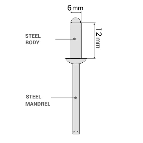 SKIR’CO (100 Stück) Blindnieten aus verzinktem Stahl 6,0 x 12 mm Stahldorn Popnieten Kuppelkopf DIN 7337 Nieten