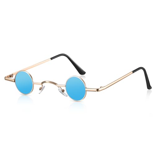 Photect Vintage Sonnenbrille mit Rundem Metall Rahmen Retro Brille mit Kleinem Kreis Hippie Ovale Sonnenbrille für Männer Frauen (Schwarz) (Gold, Blau)