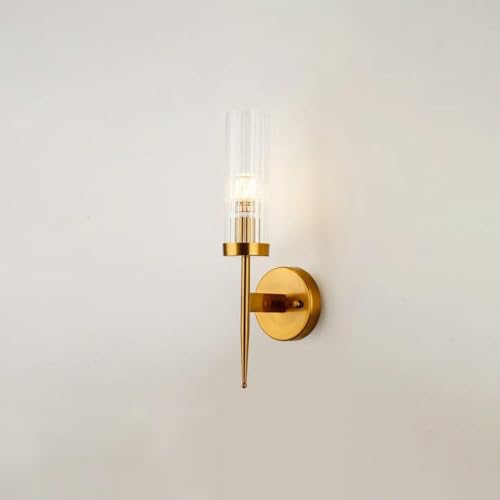 Image of Golden Mini Torchiere Wall Sconce with Fluted Cylindrical Glass for Decorative Living (Antique Finish, 01)