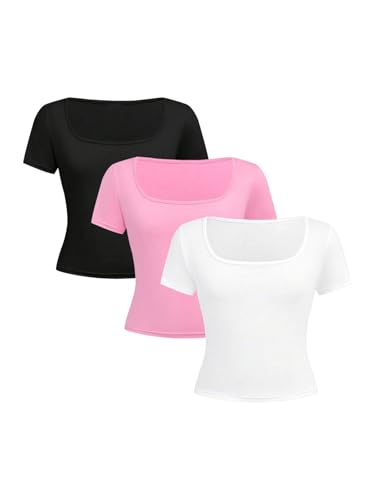 Image of SOLY HUX Girl's Summer Tops 3 Pack Cute Clothes Short Sleeve Square Neck Regular Fit T Shirts Casual Basic Tees White Pink Black 12Y