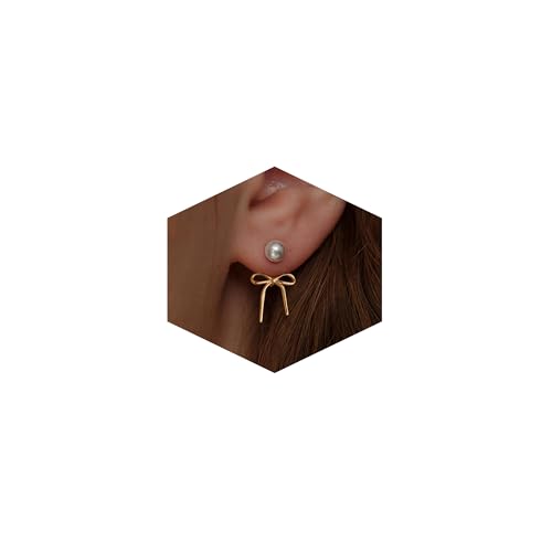 Riisamil Gold Pearl Earrings for Women Trendy, Dainty Bow Earrings for Women Cute Stud Fall Earrings Simple Dangle Unique Earrings Gold Fall Pearl Jewelry for Women Gifts Fashion Accessories