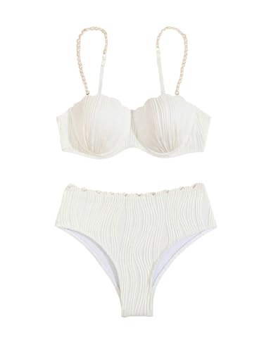 MakeMeChic Women's 2 Piece Bikini Set Textured Pearl Beaded Strap Scallop Trim High Waist Swimsuit