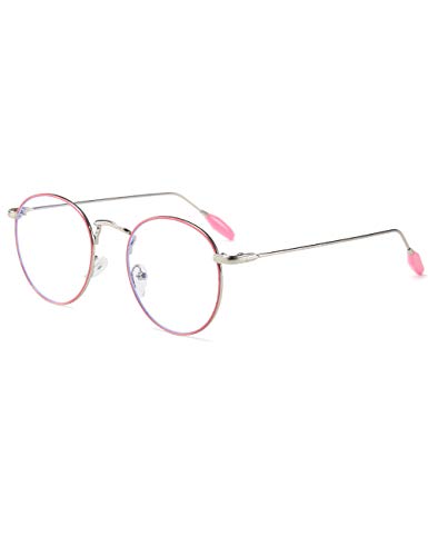 Sirain Blue Light Blocking Glasses Round Retro Eyeglasses Frame Stylish Anti Blue Ray Computer Game Glasses(non prescription) (Pink-Silver)
