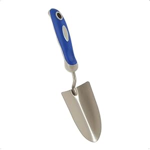 Rekord bloemschep, staal, blauw met rubberen kunststof handgreep, totale lengte: 34 cm, afmetingen lemmet: 13,5 x 8 cm, met ophanggat, handschep, bloemenschep, tuintroffel