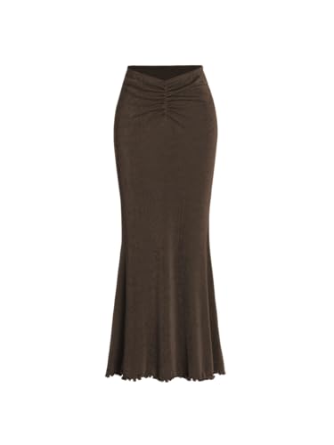CIDER High Waist Skirts for Women - Solid Fishtail Ruched Bodycon Long Maxi Skirt Lettuce Trim Stretchy Dress Spring Fall: Brown, S