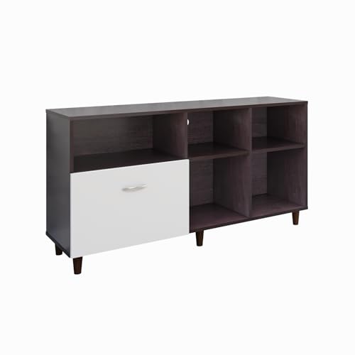 Image of VIKI Modern TV Unit for Living Room | Engineered Wood TV Cabinet with 1 Drawer Storage & 3 Open Shelves, Entertainment Unit, 140W x 74H x 40D cm | DIY | 1 Year Warranty (Wenge & White)