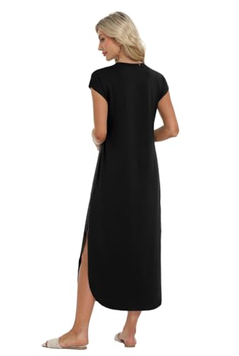 PrinStory Women's Maxi Dress With Pockets Cap Sleeves Summer Dresses For Ladies Casual Lightweight Sundress Beach Party Office Wear (Black,L) - Image 5