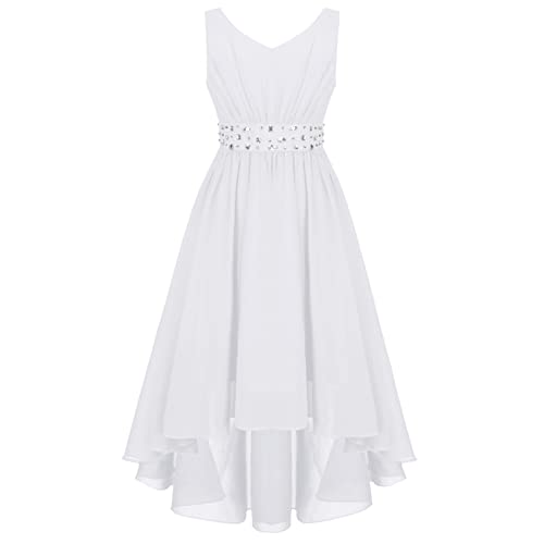 Freebily Robe de Princesse Enfant Robe de Cocktail Bal Fille Robe de Soirée Cérémonie Col V Mousseline Robe Habillée à Strass Décor Robe Demoiselle d'honneur pour Enfant Blanc 11-12 Ans