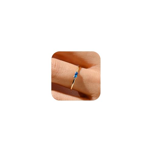 RLMOON Gold Birthstone Rings for Women Non Tarnish Gold Stackable Rings Dainty 14K Gold/Silver Plated Baguette CZ Emerald Green Ring Personalized Jewelry Gift for Birthday Size 4-10 (Gold-09-Sep.(Created Sapphire), 7)